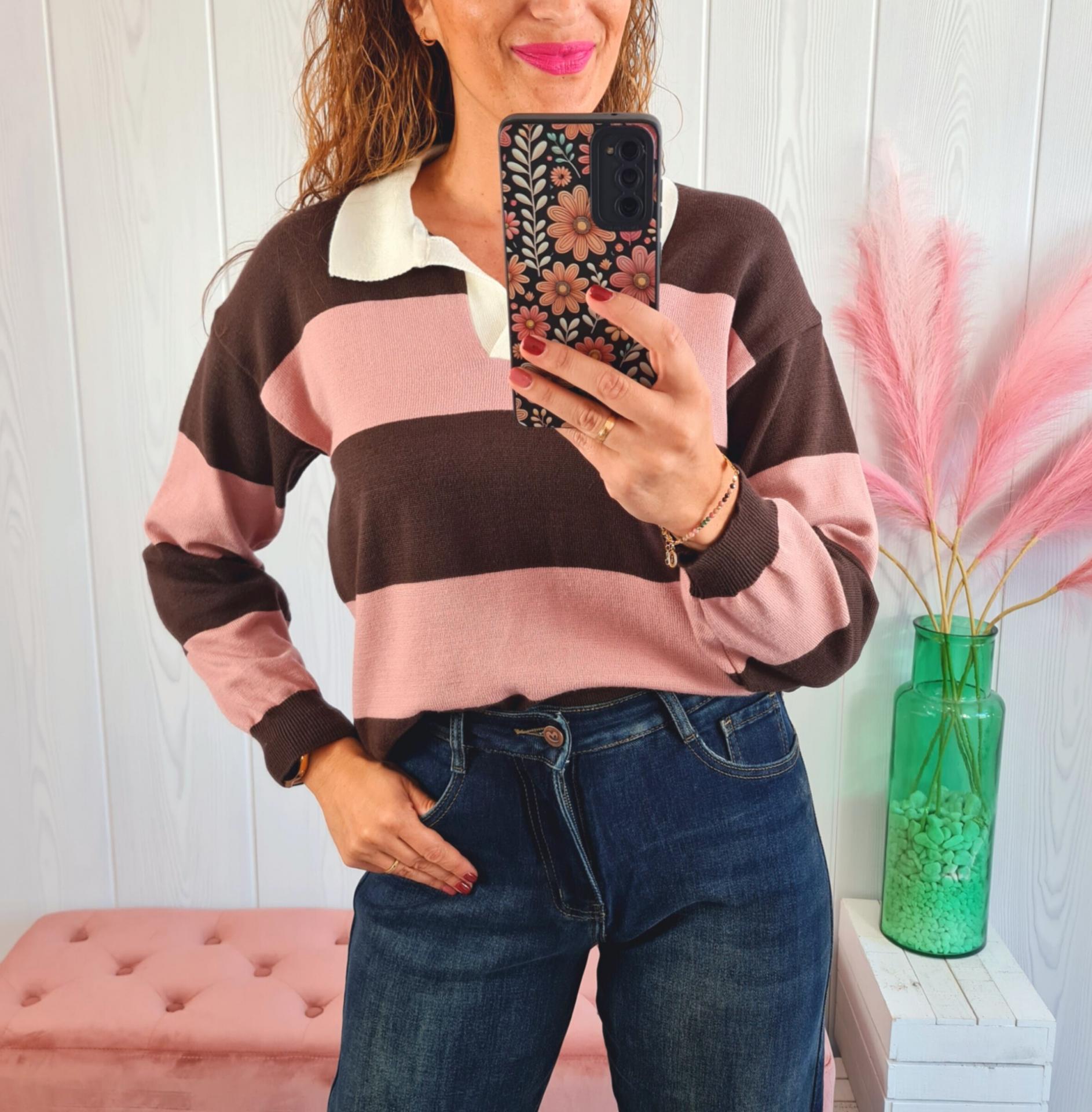 Polo Rayas Marrón/Rosa