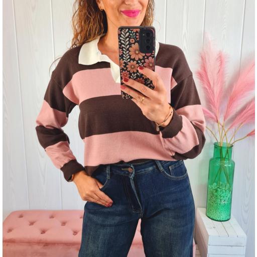 Polo Rayas Marrón/Rosa