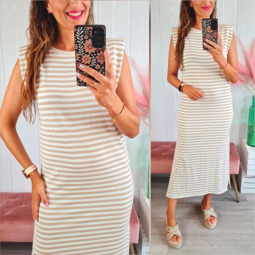 Vestido Hombreras Rayas Beige