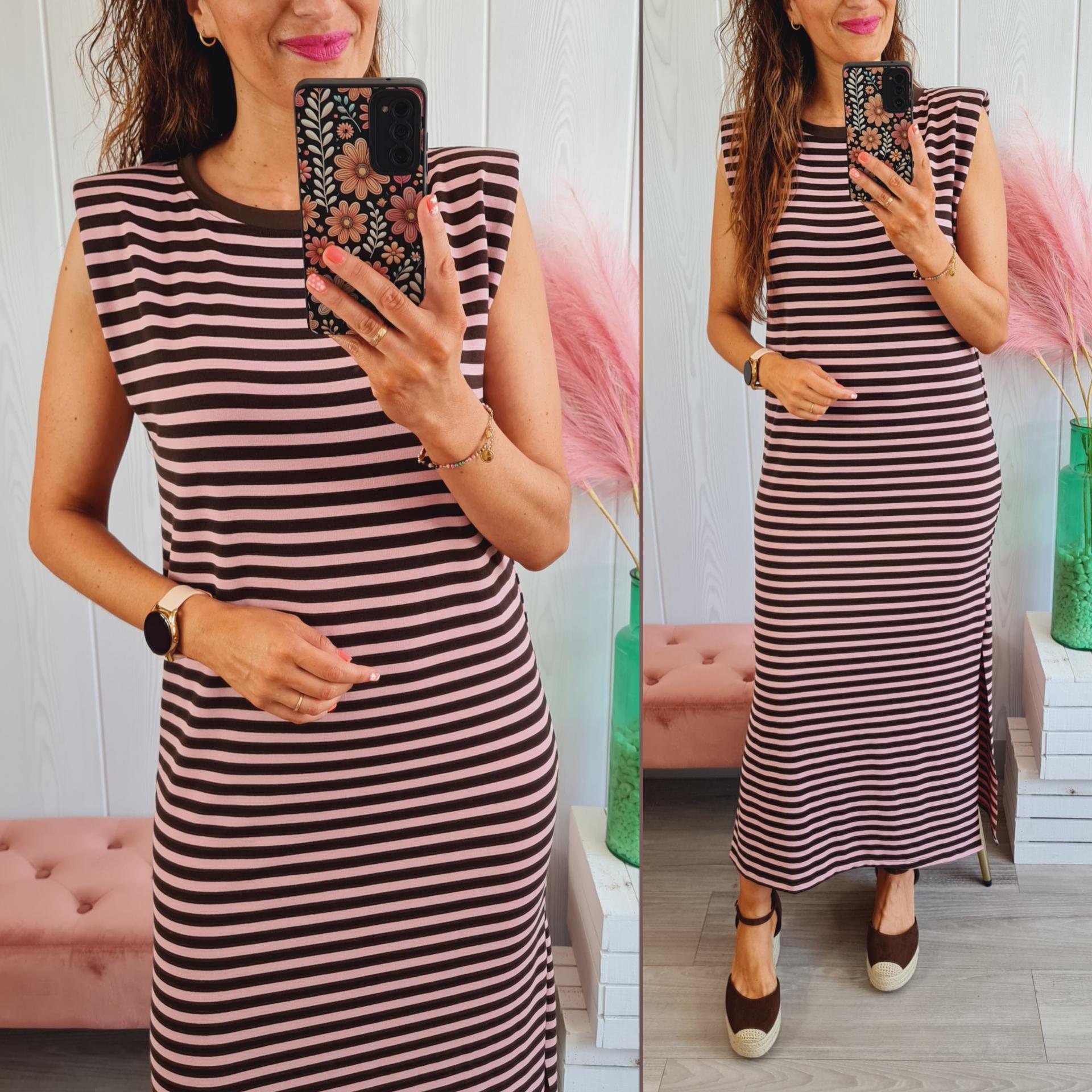 Vestido Hombreras Rayas Choco/Rosa