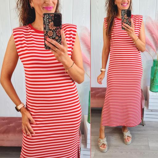 Vestido Hombreras Rayas Rojo/Rosa [0]