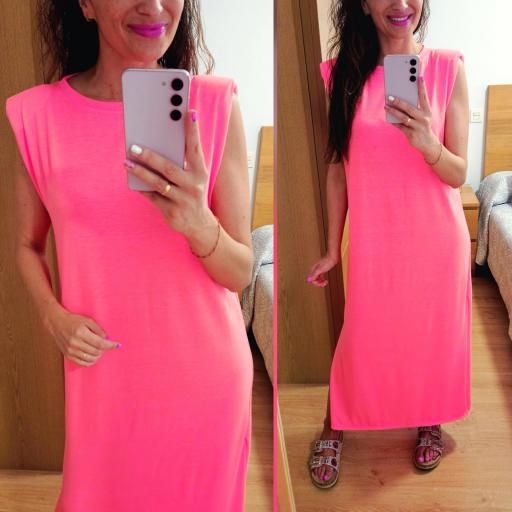 Vestido Hombreras Rosa Flúor