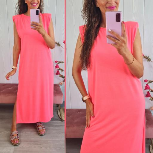 Vestido Hombreras Rosa Flúor
