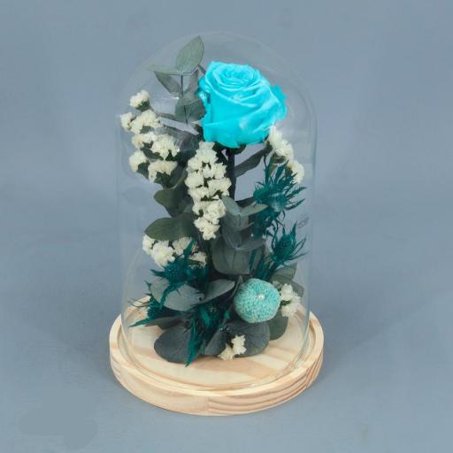 Rosa eterna con cúpula preservada color azul turquesa