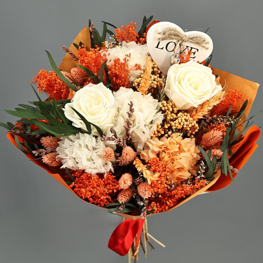Ramo flores secas y preservadas valentino naranja
