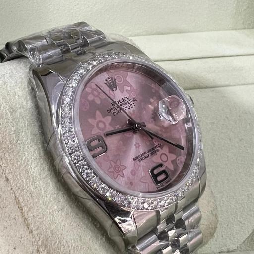 Rolex Date Just 36mm pink flower dial and factory bezel diamonds random series from 2013 like new full set ref.116244 [1]