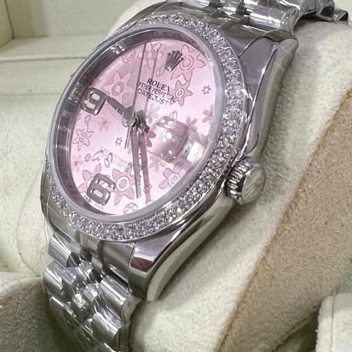 Rolex Date Just 36mm pink flower dial and factory bezel diamonds random series from 2013 like new full set ref.116244 [2]