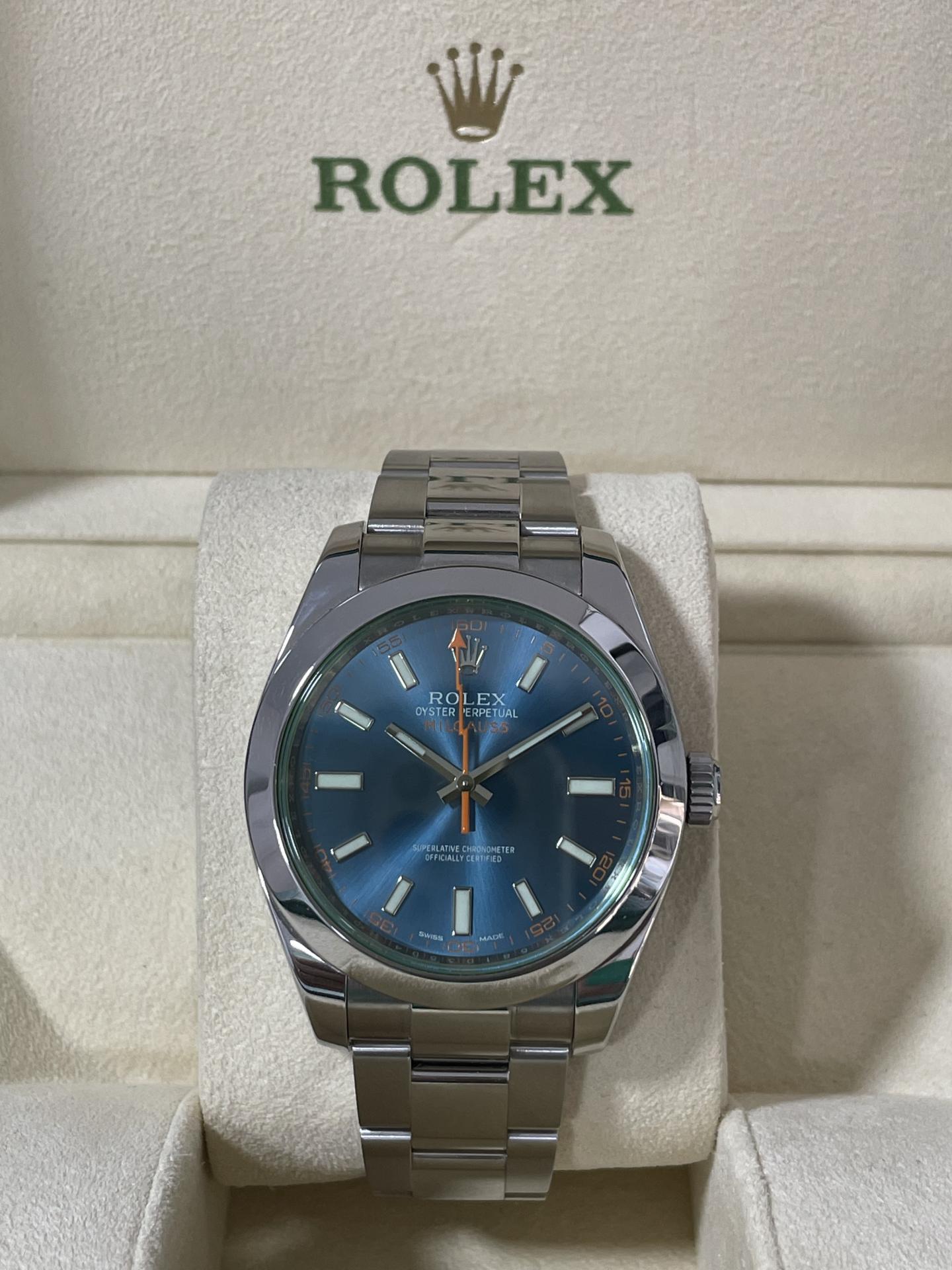 Rolex Milgauss ref.116400GV green glass blue dial like new full set from 2016