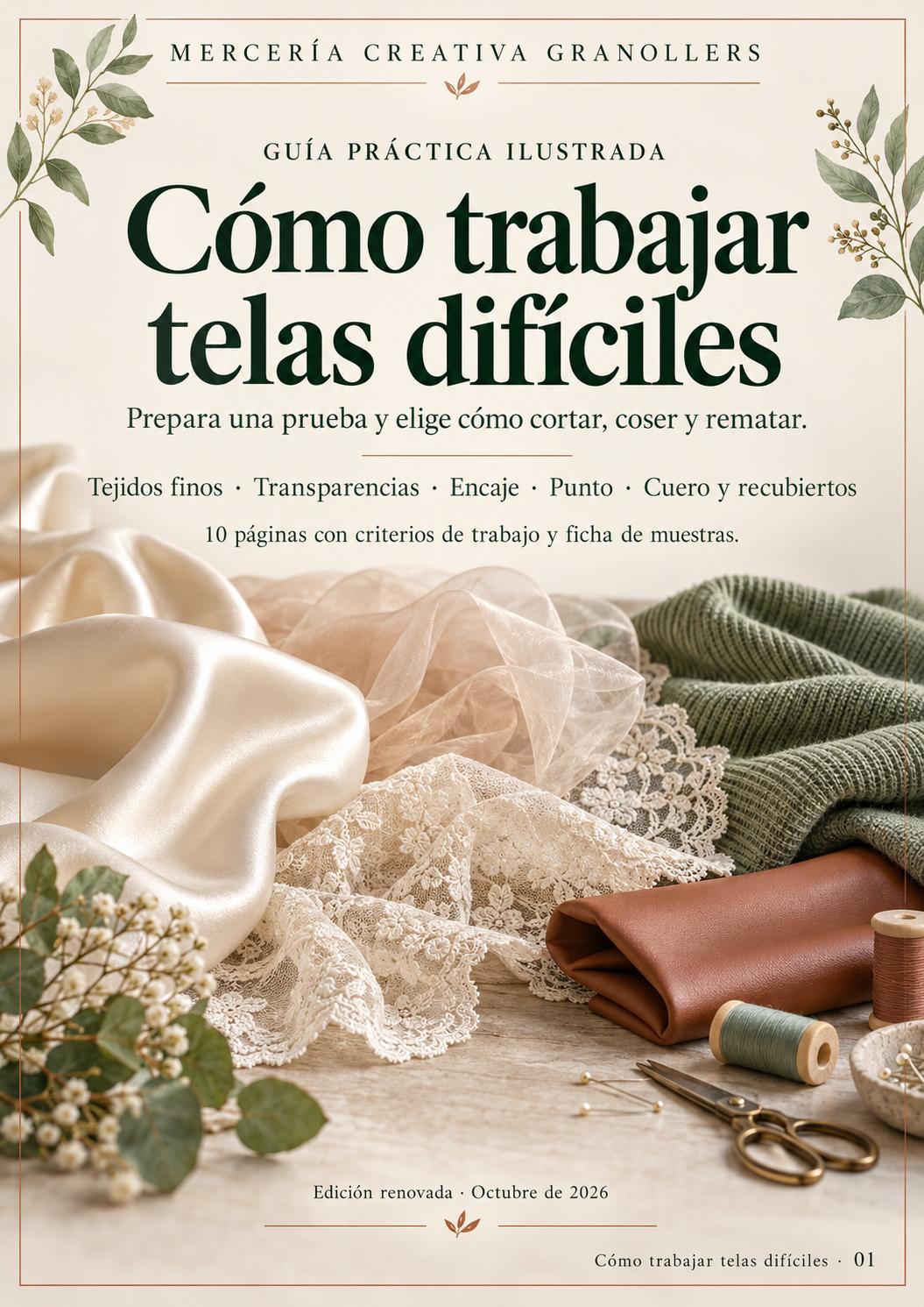 Portada de Cómo trabajar telas difíciles - Guía PDF ilustrada, edición 2026