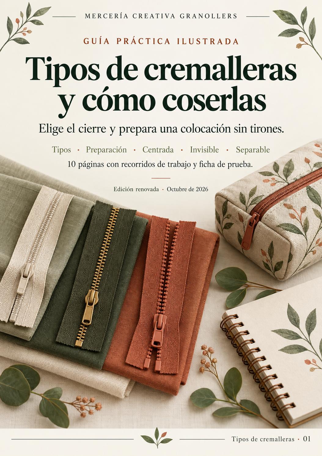 Portada de Tipos de cremalleras y cómo coserlas - Guía PDF ilustrada, edición 2026