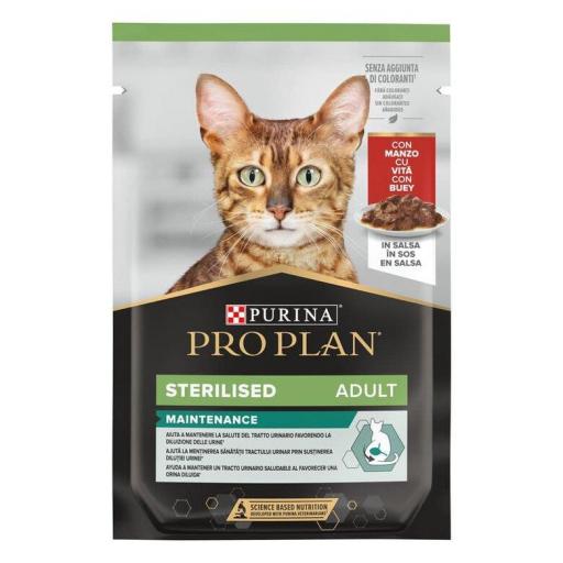 PURINA PRO PLAN STERILISED SOBRE DE BUEY EN SALSA PARA GATOS ESTERILIZADOS PACK 26X85GR