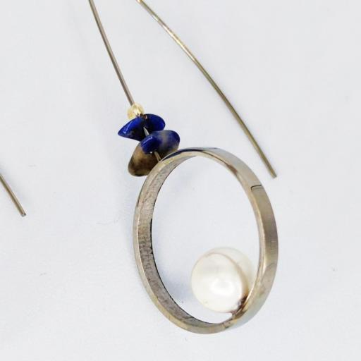Pendientes aro con piedra natural azul y perla [2]