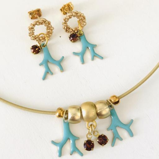 Conjunto de collar y pendientes dorados con cristal Swarovski  y esmalte turquesa [0]
