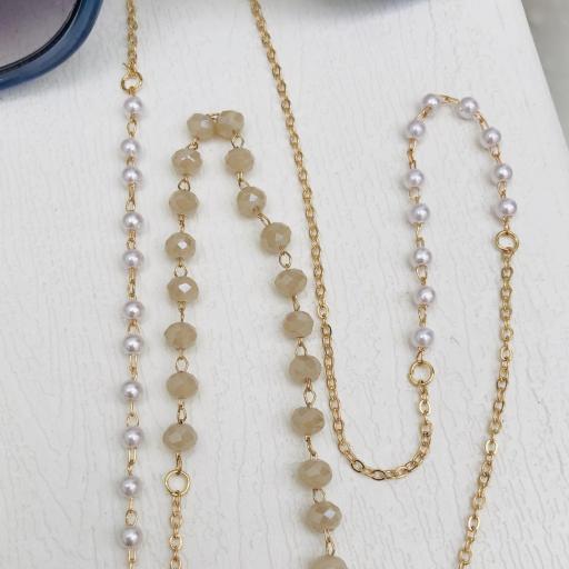 Cadena gafas de acero dorado, bolitas de strass color visón y perlas blancas [0]