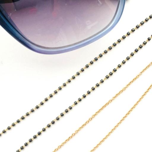 Cordón cuelga gafas y mascarillas con cadena dorada y tubitos gris oscuro [0]