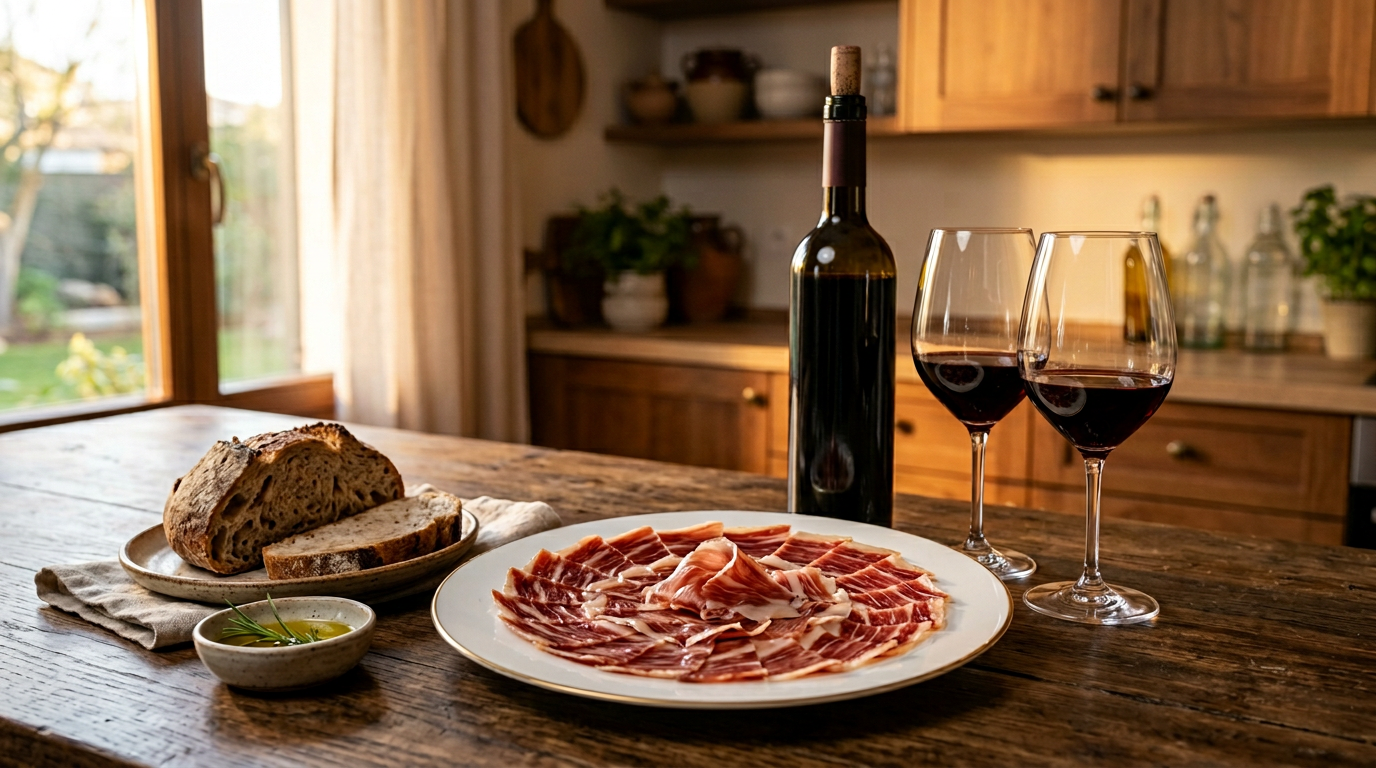 Bodegón jamón-vino-aceite - spanishflavors.es.png