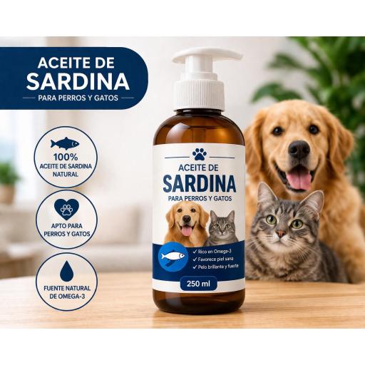 Aceite de sardina rico en ácidos grasos para perros y gatos