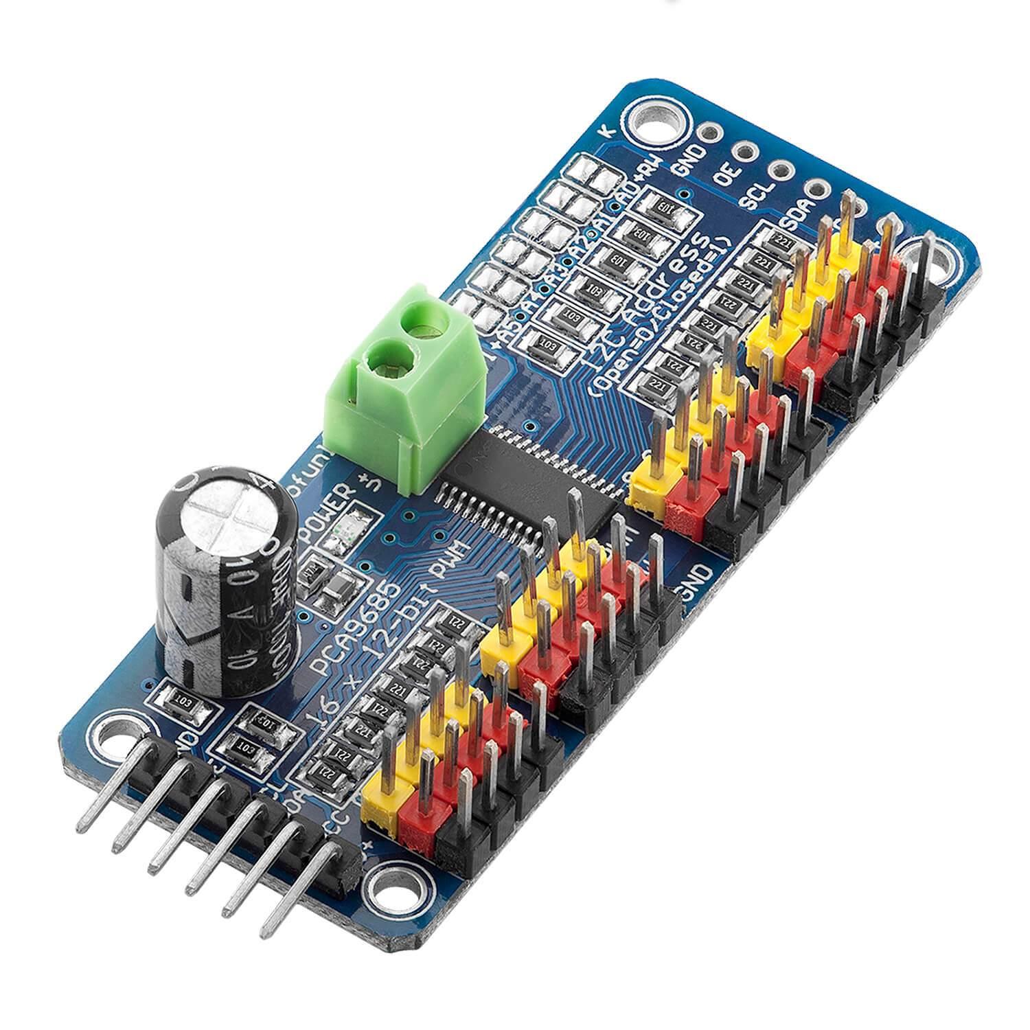 PCA9685- Módulo I2C con 16 canales PWM, 12 bits, módulo I2C, manejo de servomotores y diodos emisores de luz