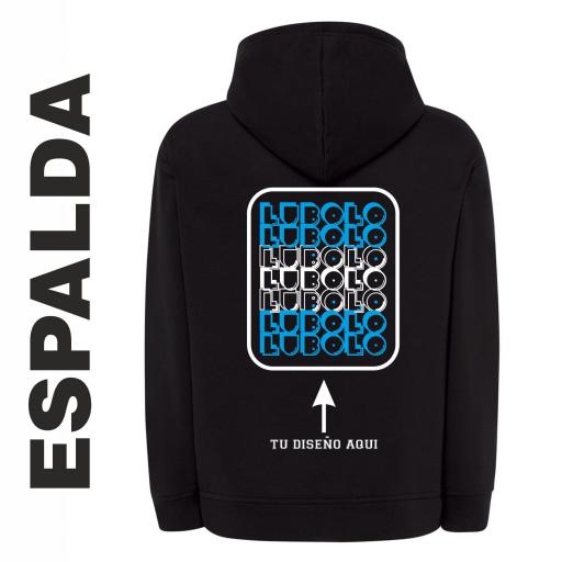 SUDADERA CON CAPUCHA PERSONALIZADA con diseño de LUBOLO en el pecho y texto en la espalda [1]