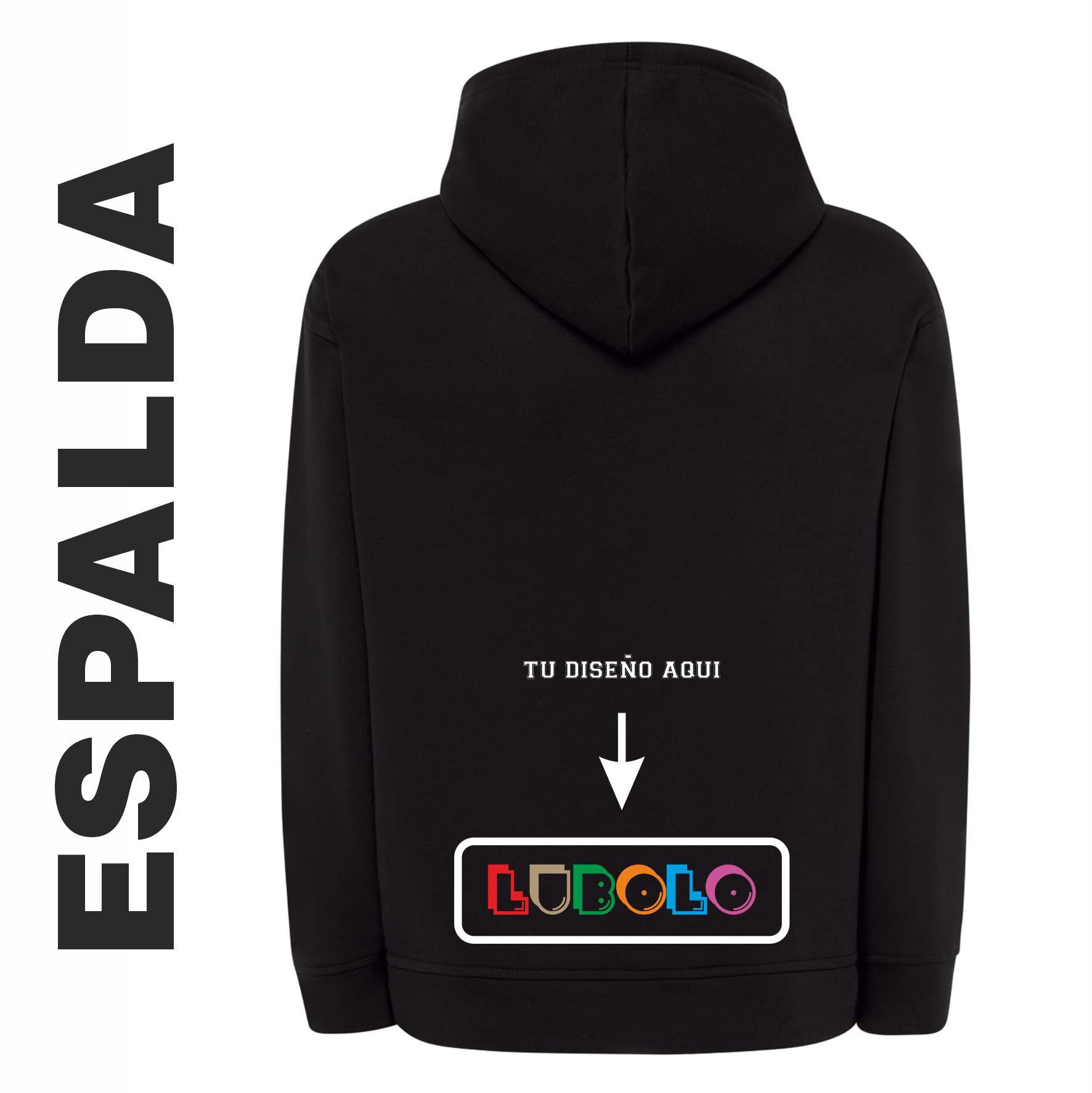SUDADERA CON CAPUCHA PERSONALIZADA con diseño de LUBOLO en el pecho y texto en la espalda