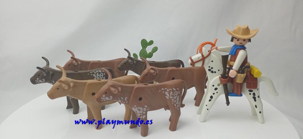 PLAYMOBIL 3749 VAQUERO OESTE CON VACAS CUERNOS LARGOS (AÑO 1988 - 1993)