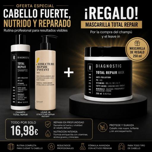 Pack Reparador Capilar Anti Frizz Absoluk Champú 300ml + Instant SR 250ml
