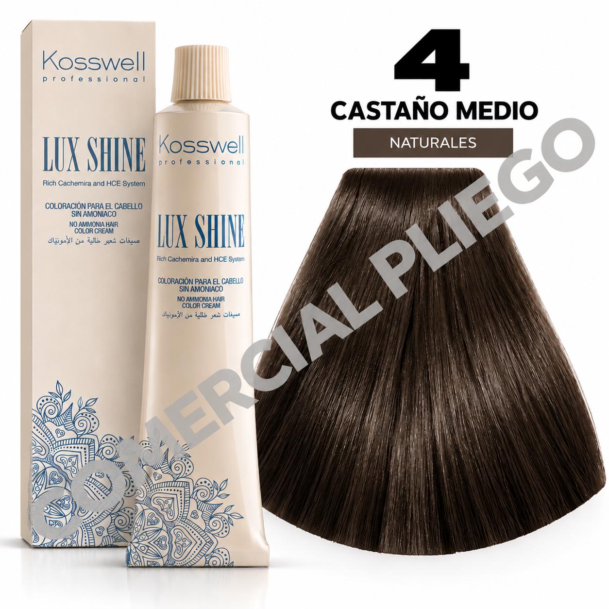 Tinte Lux Shine N4 Castaño Medio sin amoniaco 60ml Kosswell