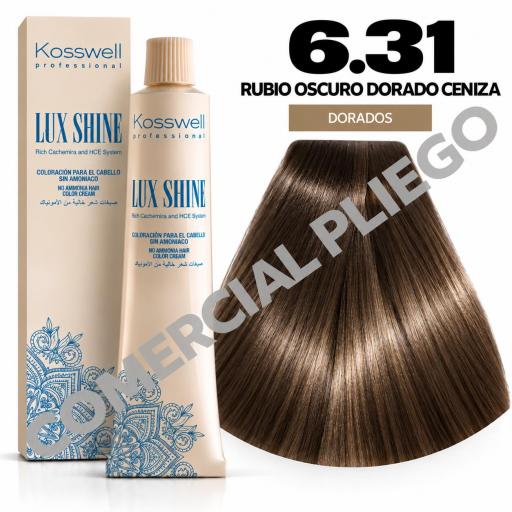 Tinte Lux Shine N6.31 Rubio Oscuro Dorado Ceniza sin amoniaco 60ml Kosswell