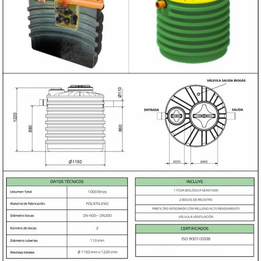 Fosa Séptica con filtro 1000 litros 4 habitantes POLIETILENO - vertical base plana [3]