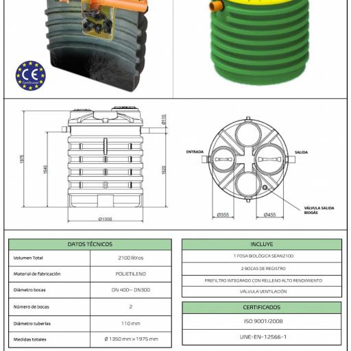 Fosa Séptica con filtro 2100 litros 8 habitantes POLIETILENO - vertical base plana [1]