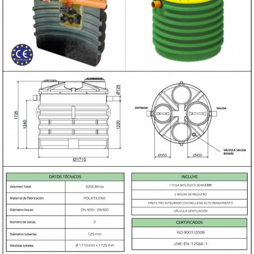 Fosa Séptica con filtro 3200 litros 12 habitantes POLIETILENO - vertical base plana [2]