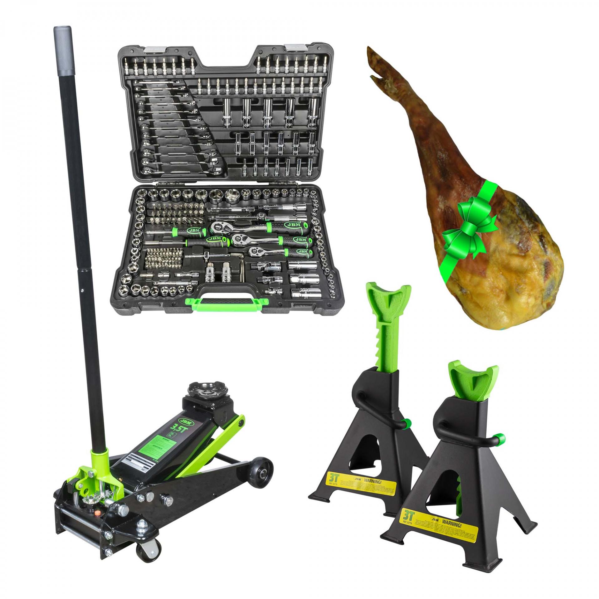 Estuche de herramientas de 216 PIEZAS + Gato hidráulico de carretilla 3.5T + Juego 2 caballetes 3T