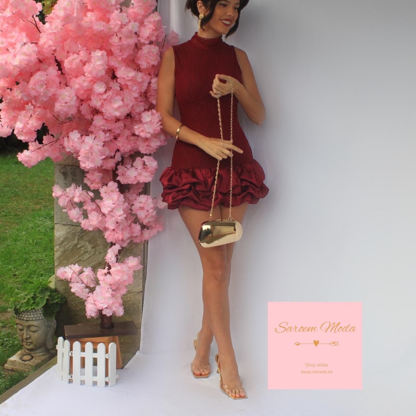 Mini Vestido Encaje Burdeos