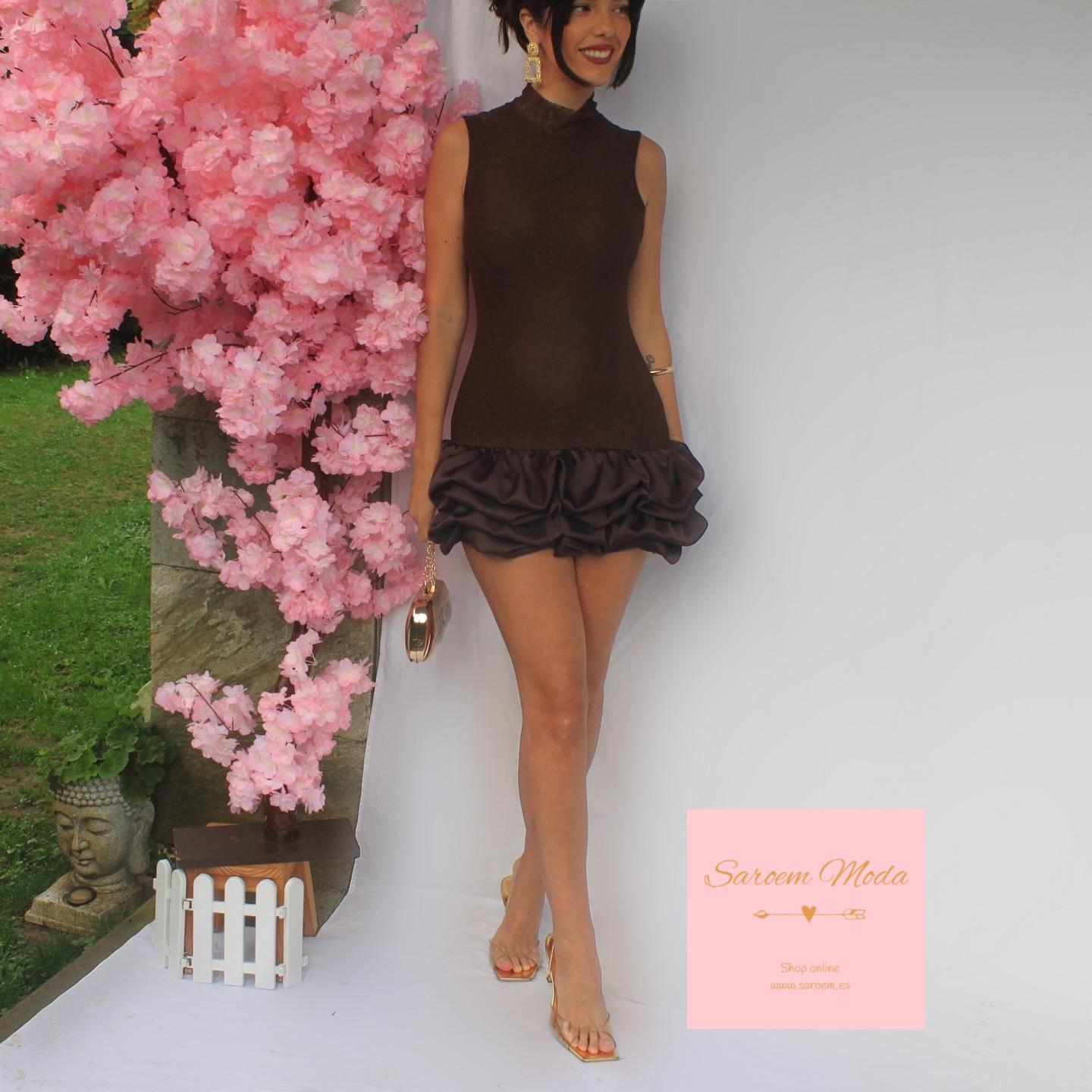 Mini Vestido Encaje Marrón