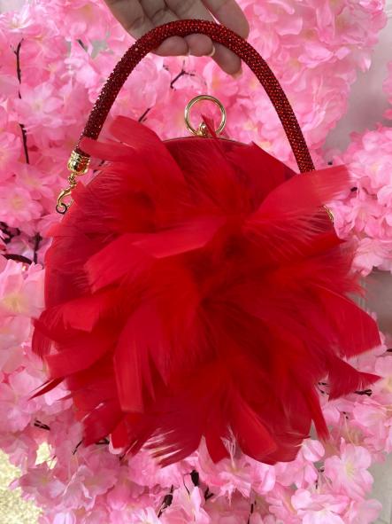Bolso Redondo Plumas Rojo