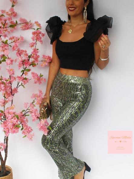 Pantalón Lentejuelas Leopardo Verde