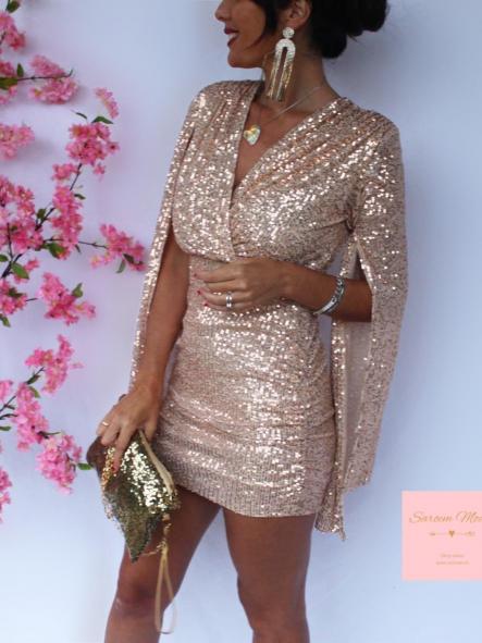 Vestido Manga Abertura Dorado [2]