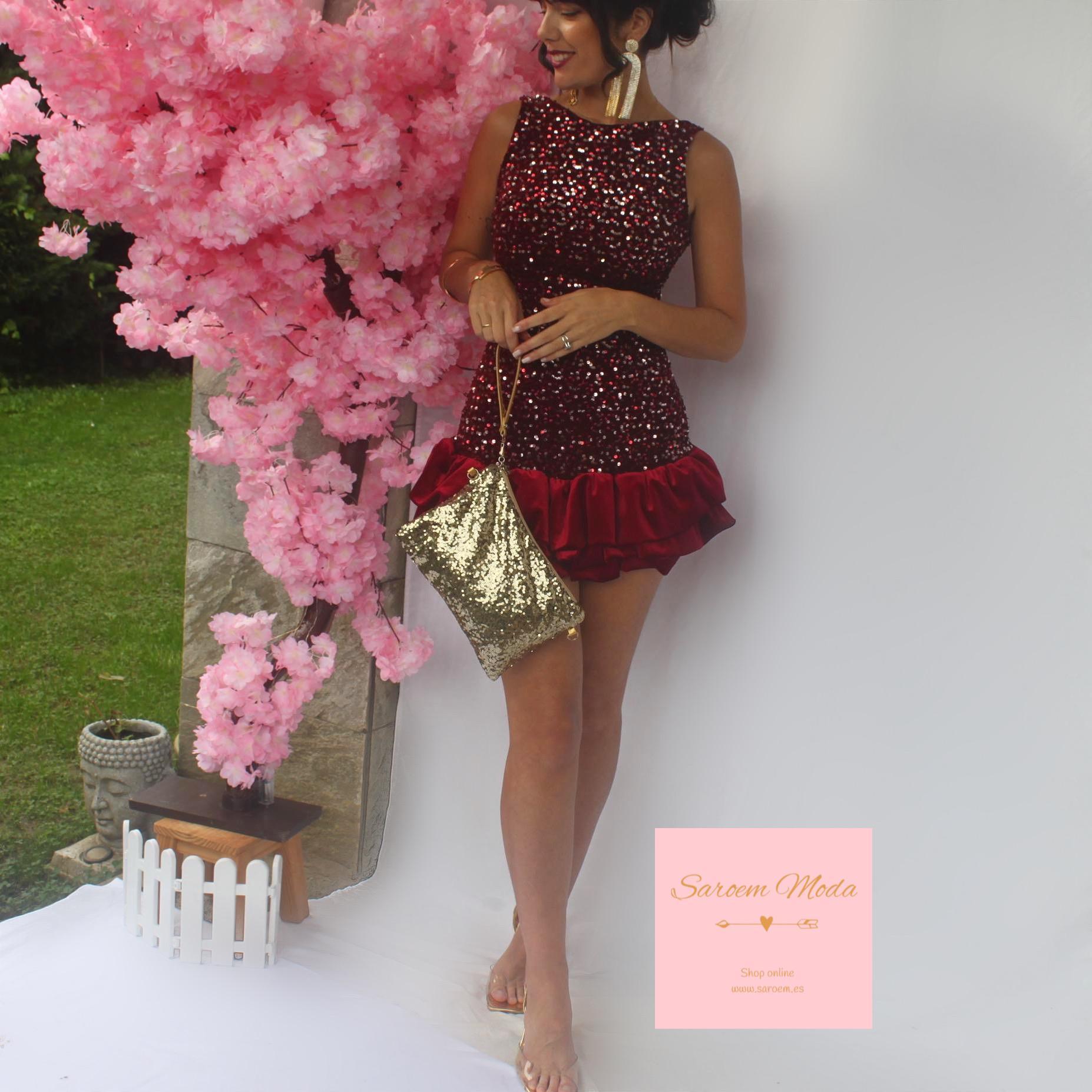 Mini Vestido Sayuri Burdeos Lentejuelas Terciopelo