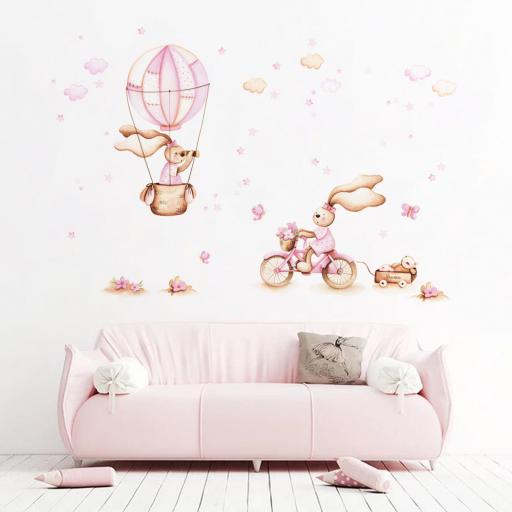 VINILO INFANTIL: Conejitas con bici y globo en tonos suaves con estrellas, nubes, flores y mariposas [1]