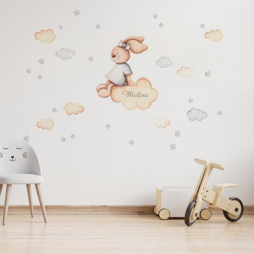 VINILO INFANTIL: Conejita sentada en nube en tonos gris y beige