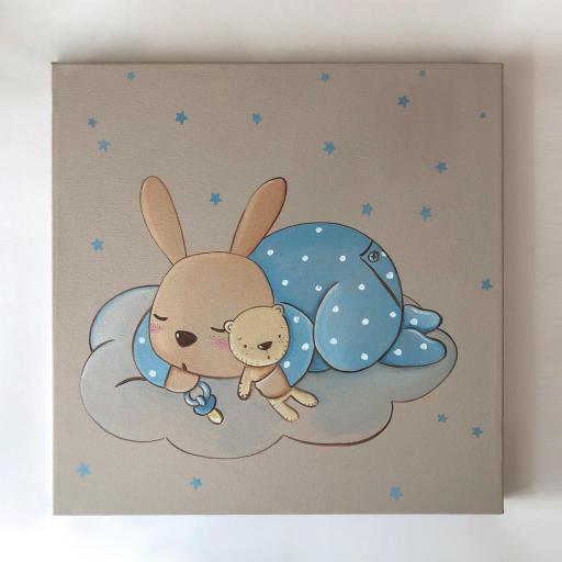CUADRO INFANTIL conejo bebé en tonos azules 40x40 cm. [1]