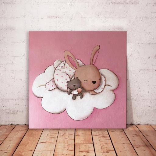 CUADRO INFANTIL Conejo bebé en tonos rosas 40x40 cm. Cuadros infantiles por encargo con tema y colores a elegir. Cuadritos para bebés  [1]