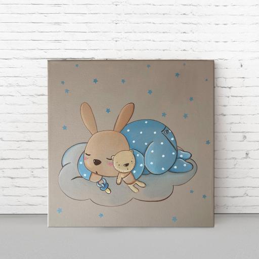 CUADRO INFANTIL conejo bebé en tonos azules 40x40 cm.