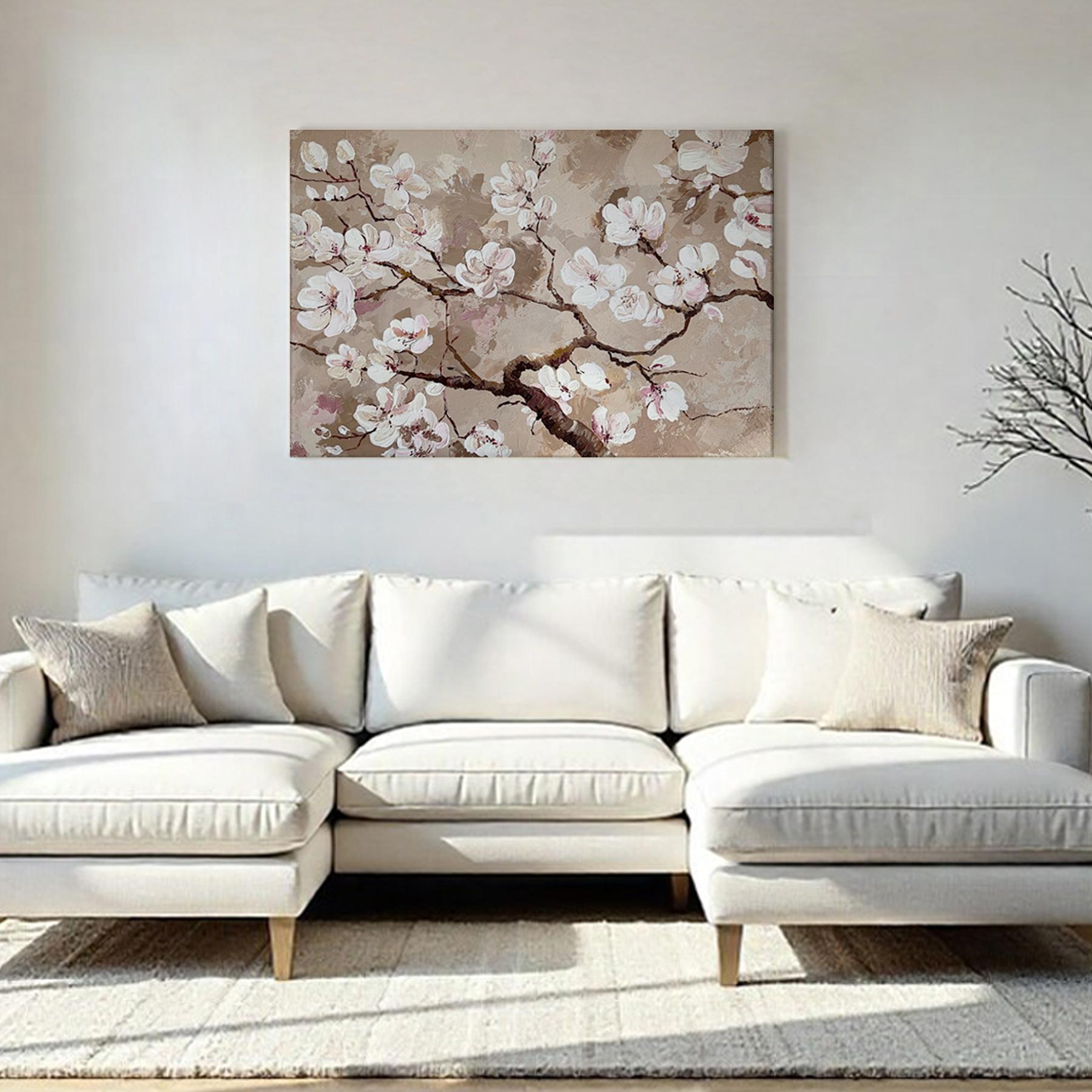 Cuadro decorativo pintado a mano de cerezo en flor con textura en tonos neutros - lienzo de 100x81 cm. – Pintado a Mano - Sin marco