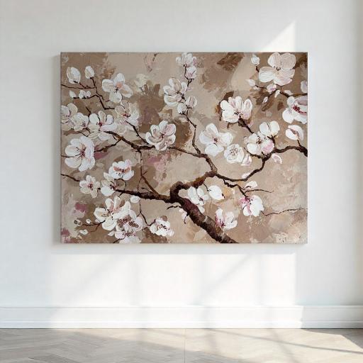 Cuadro decorativo pintado a mano de cerezo en flor con textura en tonos neutros - lienzo de 100x81 cm. – Pintado a Mano - Sin marco [1]