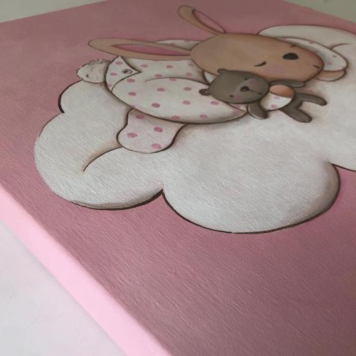 CUADRO INFANTIL Conejo bebé en tonos rosas 40x40 cm. Cuadros infantiles por encargo con tema y colores a elegir. Cuadritos para bebés  [4]