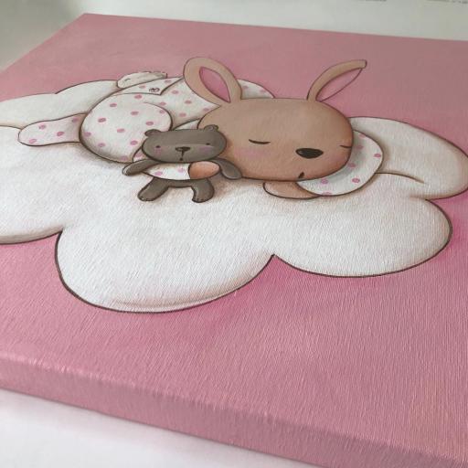 CUADRO INFANTIL Conejo bebé en tonos rosas 40x40 cm. Cuadros infantiles por encargo con tema y colores a elegir. Cuadritos para bebés  [2]