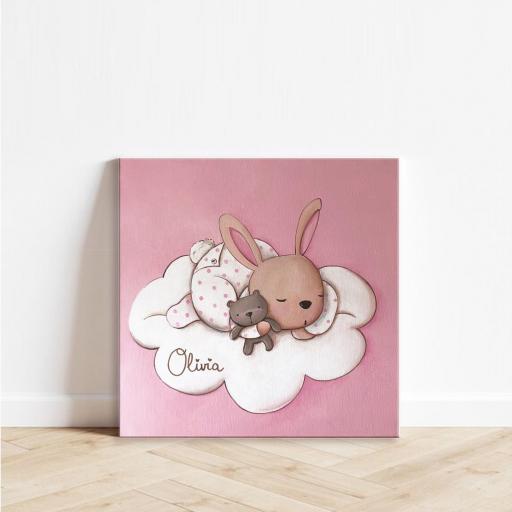 CUADRO INFANTIL Conejo bebé en tonos rosas 40x40 cm. Cuadros infantiles por encargo con tema y colores a elegir. Cuadritos para bebés  [0]