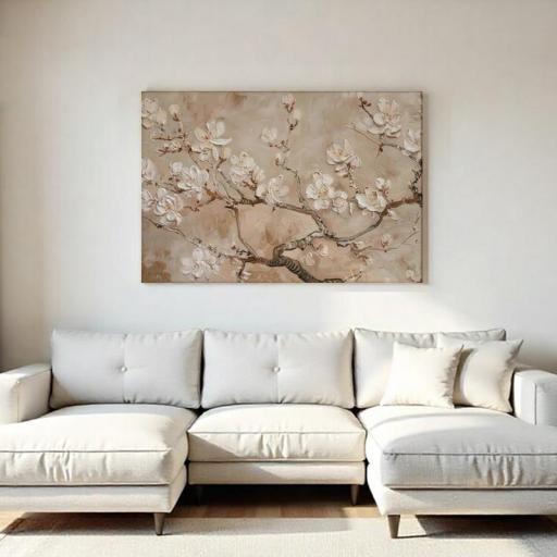 Cuadro decorativo pintado a mano de cerezo en flor con textura en tonos neutros – Pintado a Mano - Sin marco [0]