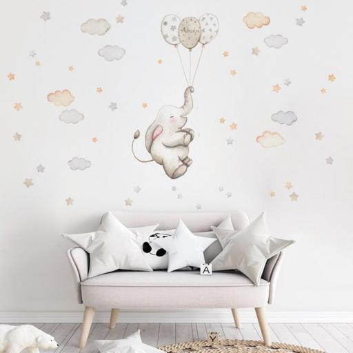 VINILO INFANTIL: Elefante con globos en tonos grises y beige, con nubes y estrellas en tonos neutros [0]